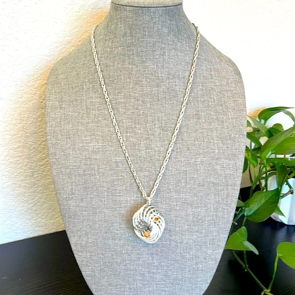 Elegant Long Monet Necklace with Statement Silver Tone Pendant
